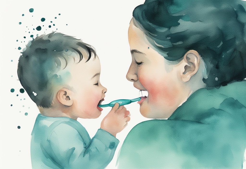 Modern watercolor illustration of a teal-themed child-sized toothbrush cleaning a baby's teeth, showing black stains lightening.