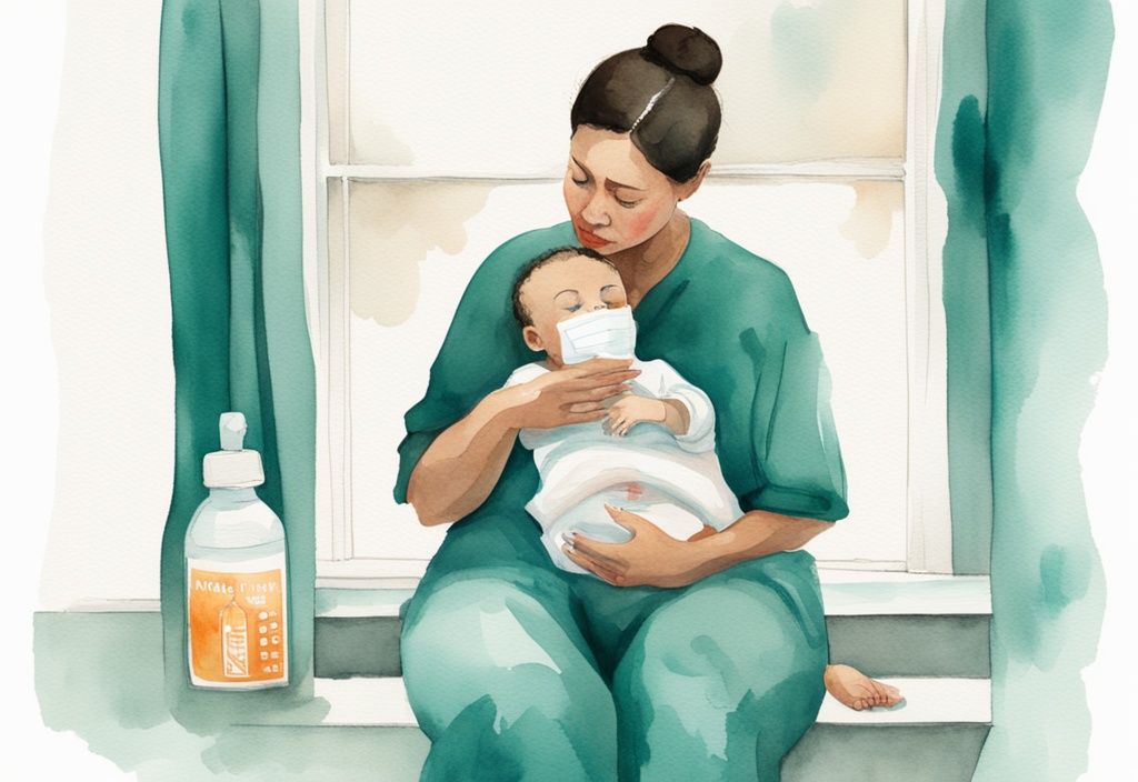 Modern watercolor illustration of a mother holding her baby, contemplating with a Tylenol bottle and vaccine shot card, highlighting why not to give baby Tylenol after vaccines, main color theme teal.