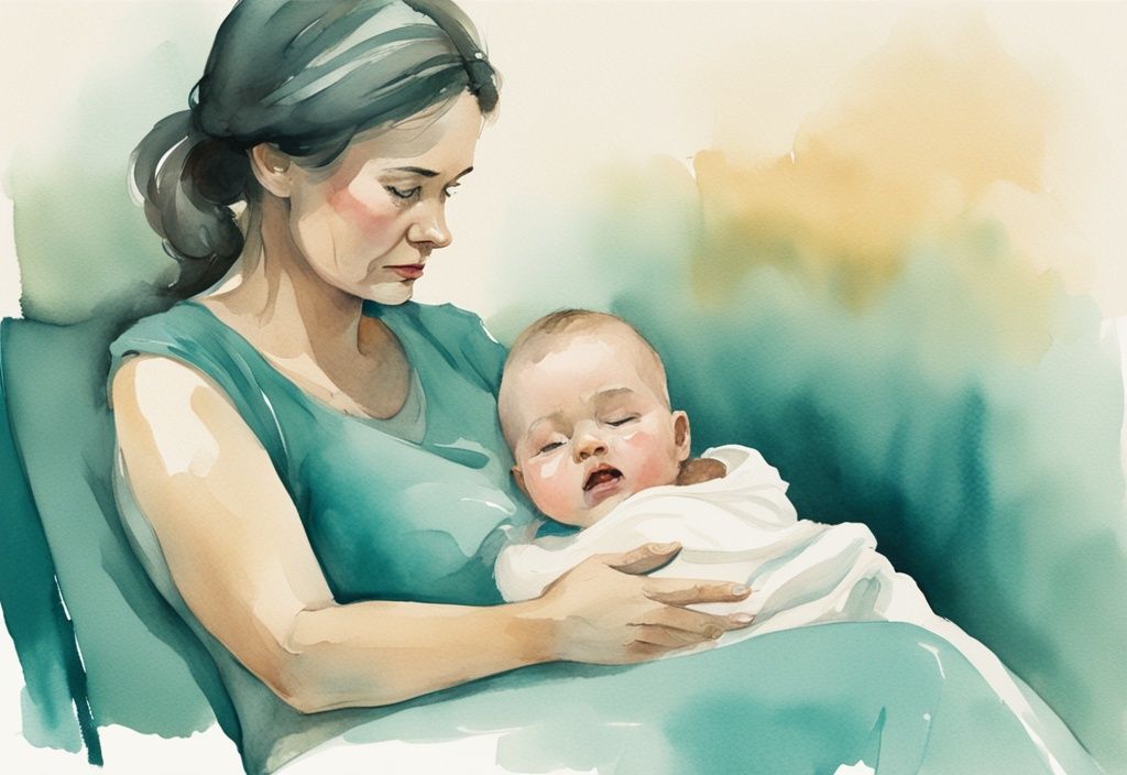 Modern watercolor illustration of concerned mother with stiff baby consulting pediatrician, teal color theme, emotional scene.