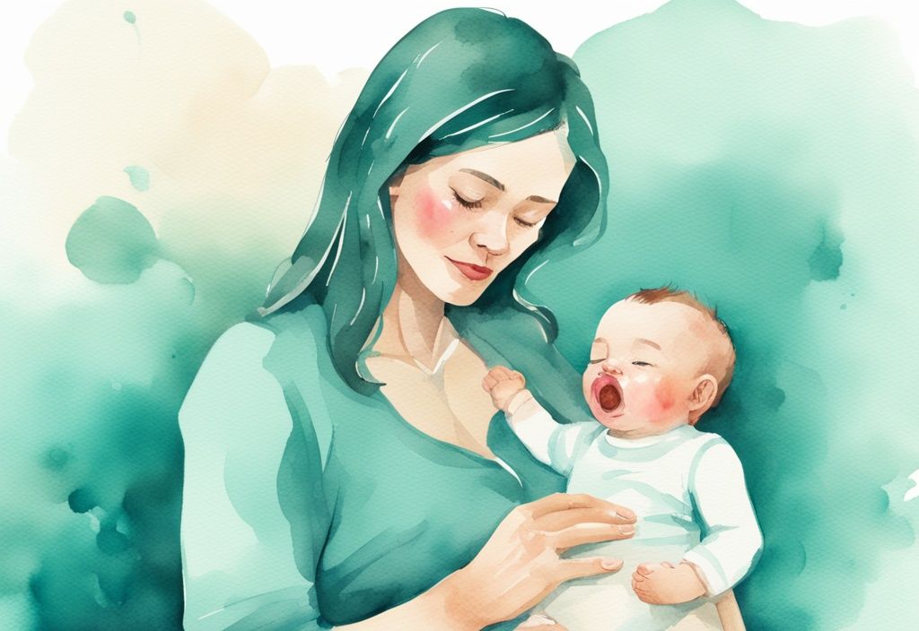 Modern watercolor illustration of a relieved mother holding her baby with a teal color theme.