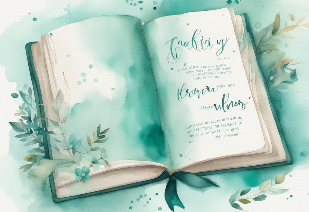 Modern teal watercolor illustration of a hand writing in a decorated baby book with baby shower elements in the background.