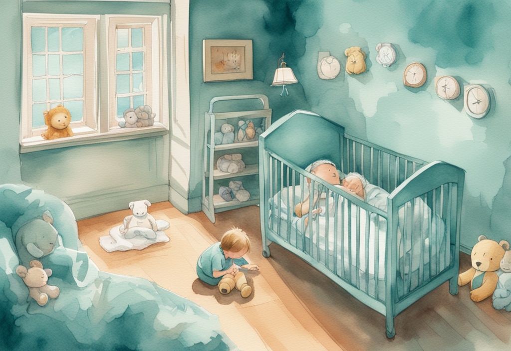 Modern watercolor illustration of a calm baby lying in a crib with soft toys, a clock showing nap time, and a worried mother at the door, related to the query how long to leave baby in crib if not napping.