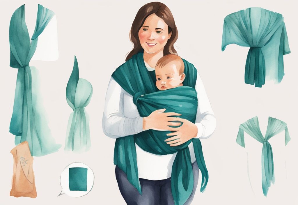 Modern watercolor illustration of a step-by-step guide transforming a teal scarf into a baby sling.