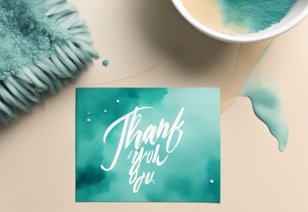 Modern watercolor illustration of a beige carpet with stain, homemade cleaning solution bowl, cleaning cloth, and thank you card in teal theme.