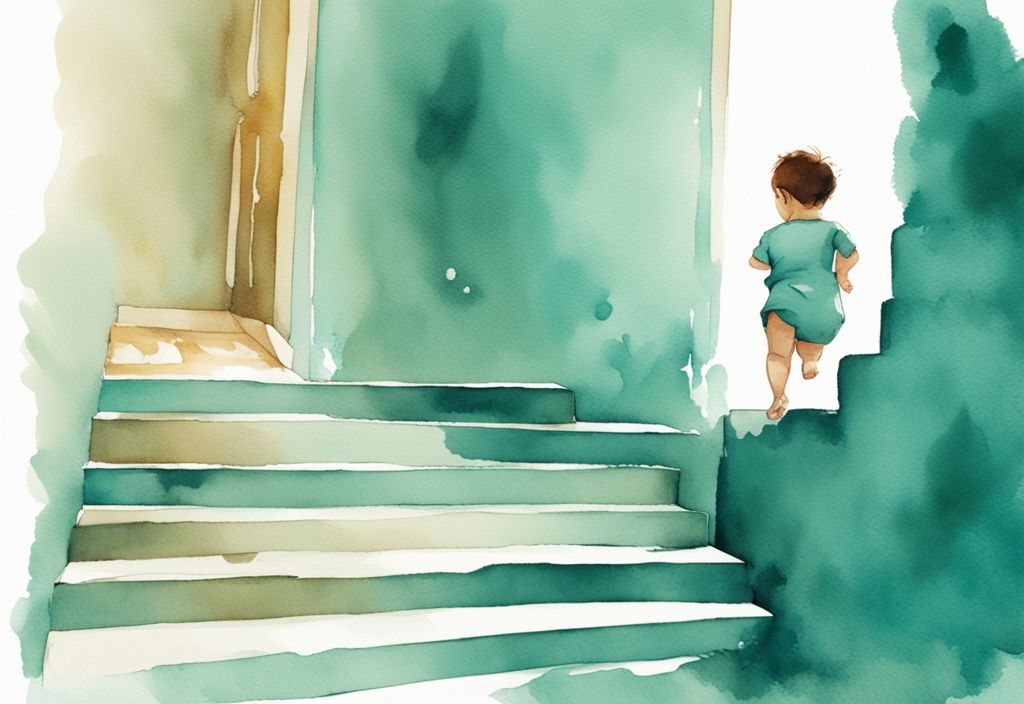 Modern watercolor illustration of a baby attempting to climb a safe, padded staircase under adult supervision, related to the keyword: when do babies learn to climb stairs, with a teal color theme.