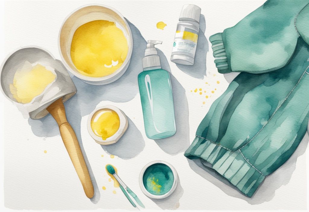 Modern watercolor illustration of teal-themed baby clothes with yellow stains, natural stain remover solution, and scrub brush overhead shot.