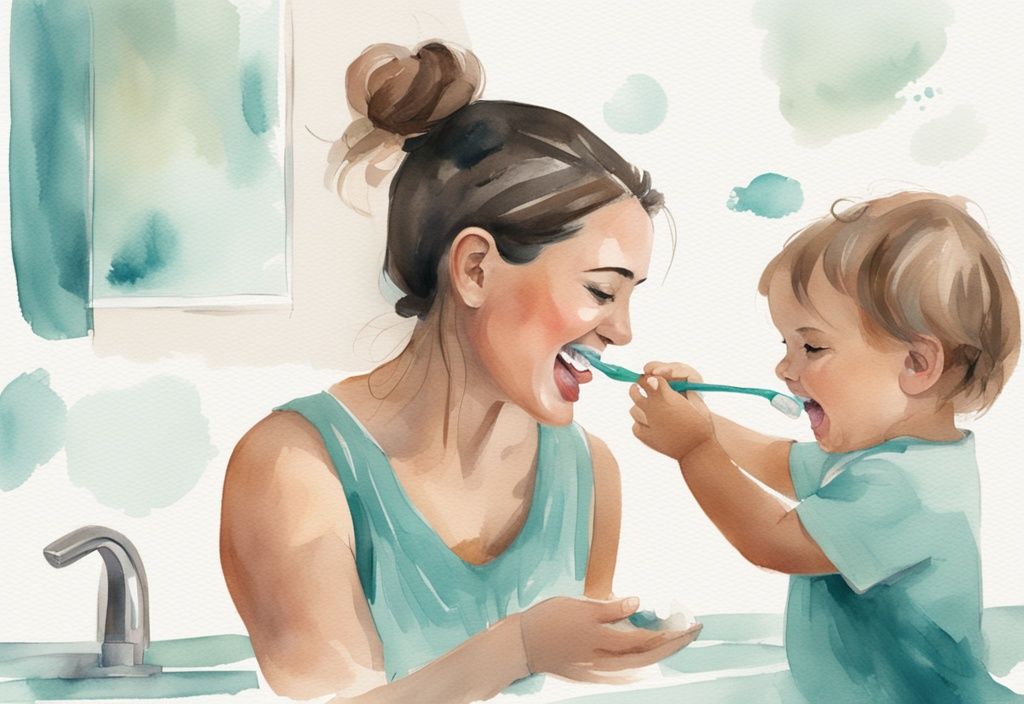 Modern watercolor illustration of a mother helping toddler brush teeth with natural toothpaste, depicting how to treat cavities in baby teeth naturally using a small toothbrush, with a teal color theme.