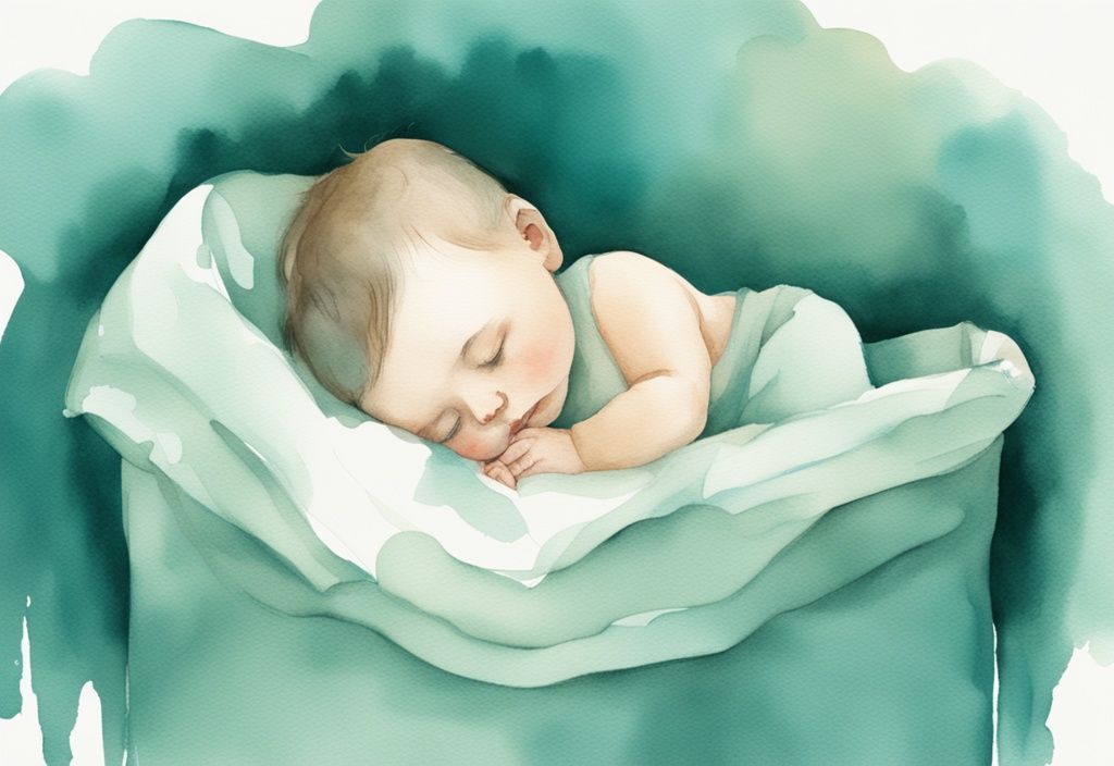 Modern watercolor illustration of a sleeping baby in a cozy nursery, teal color theme, soft gentle light.