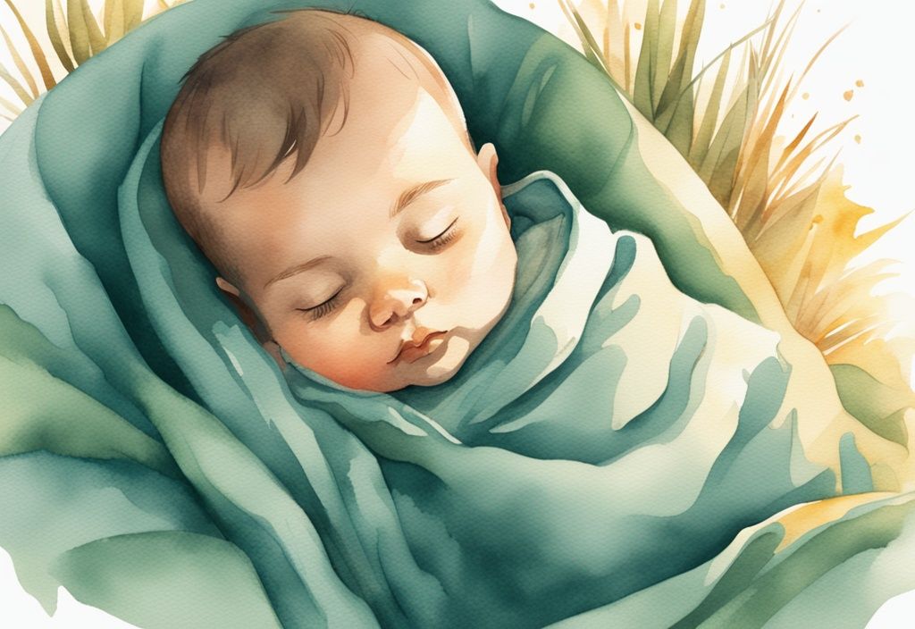 Modern watercolor illustration of a baby sleeping in a teal blanket on a grassy field at sunrise.