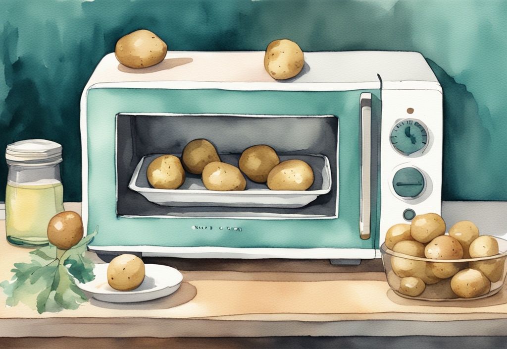 Modern watercolor illustration of baby potatoes on a microwave-safe plate with a hand adjusting microwave settings, teal color theme.