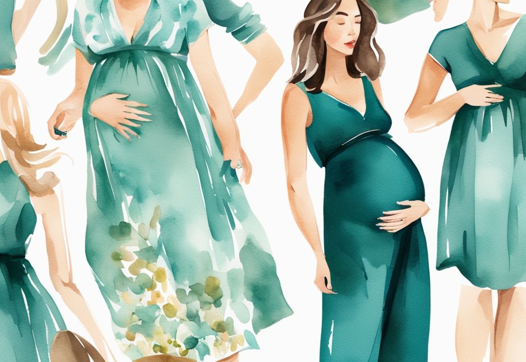 Modern watercolor illustration of chic maternity outfits in teal, featuring floral dresses, elegant jumpsuits, and stylish ensembles for baby showers.