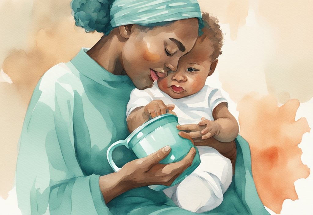 Modern watercolor illustration of a caregiver with teal theme, encouraging a baby to drink from a colorful sippy cup with straw.