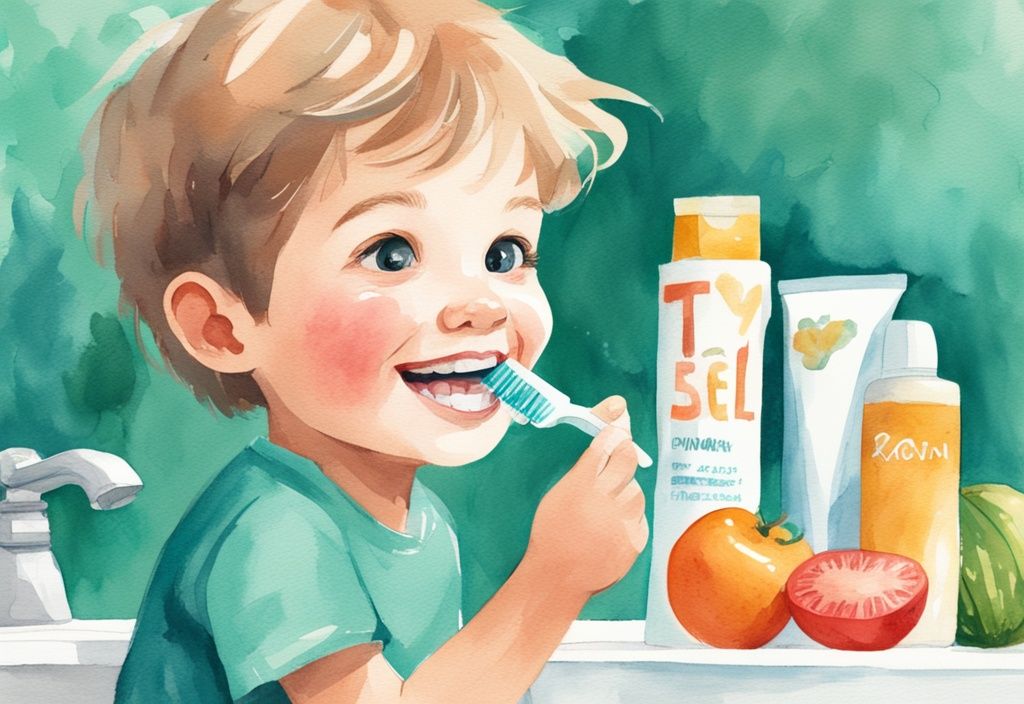 Modern watercolor illustration of a child brushing teeth with natural fluoride-free toothpaste, surrounded by kid-friendly oral care products like xylitol gum, fruits, and vegetables, in a teal color theme.