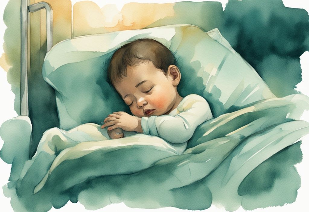 Modern watercolor illustration of a sleeping baby in teal tones with a cautious parent's hand nearby, highlighting the concept of why should you never wake a sleeping baby.