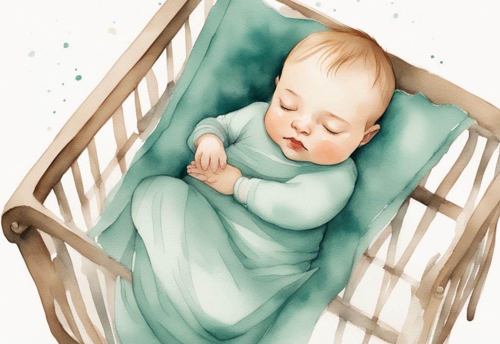 Modern watercolor illustration of a sleeping baby in a crib, holding a plush lovey, with a teal color theme.