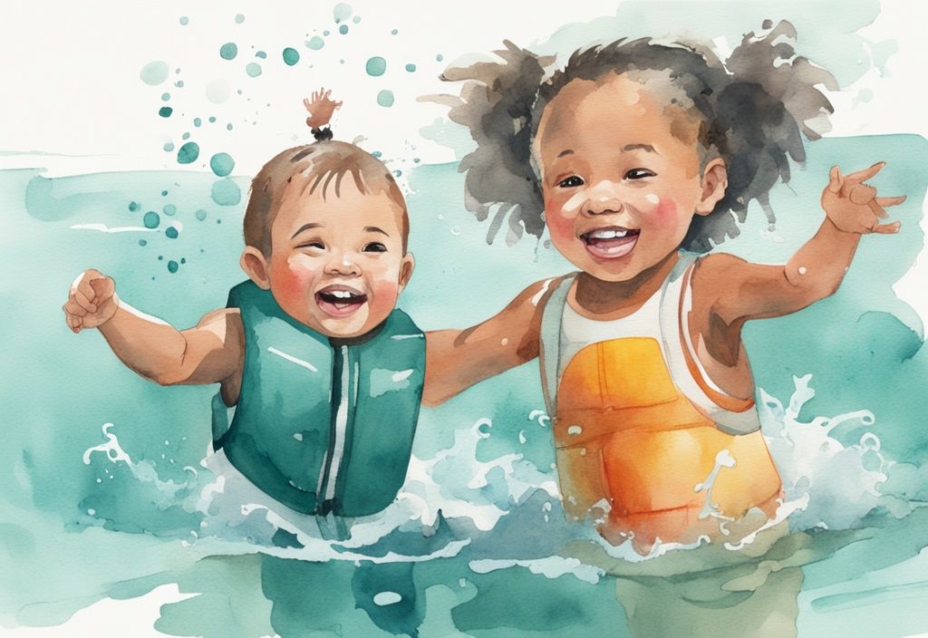 Modern watercolor illustration of a toddler in teal flotation device splashing in shallow water with adult support.