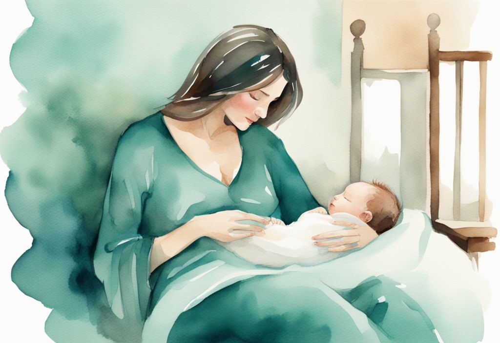 Modern watercolor illustration of a parent gently waking up a newborn for feeding, highlighting the theme of how to wake up newborn to feed with a teal color palette.