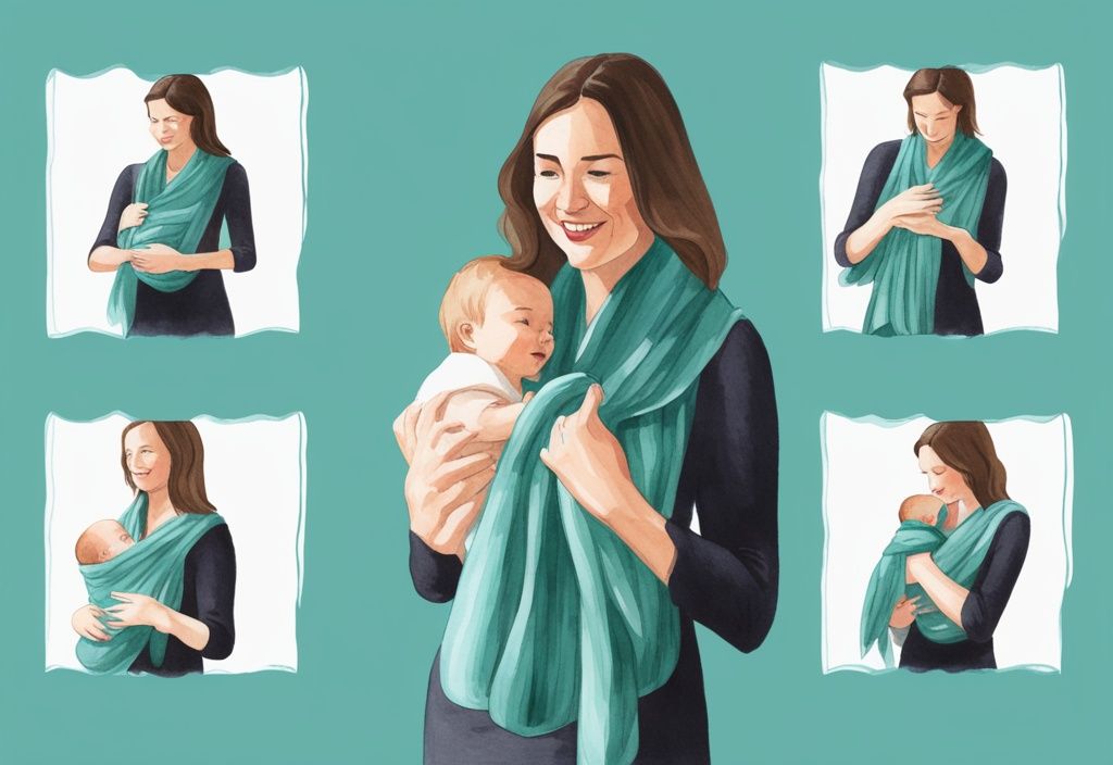 Modern watercolor illustration of teal-themed step-by-step guide transforming scarf into baby sling.