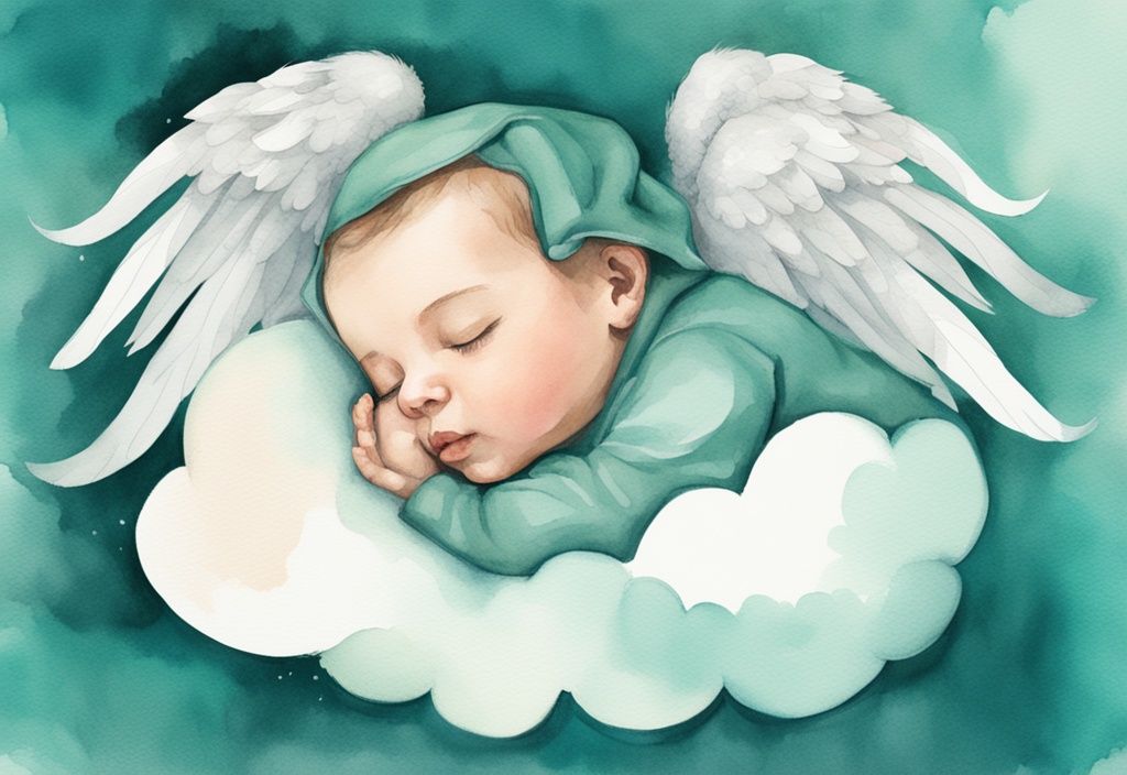 Modern watercolor illustration of a newborn baby with angelic wings sleeping on a teal-themed cloud.