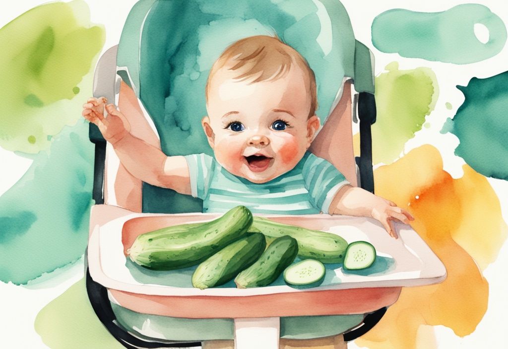 Modern watercolor illustration of a cheerful baby in a high chair reaching for a cucumber slice on a colorful plate, main color theme teal.