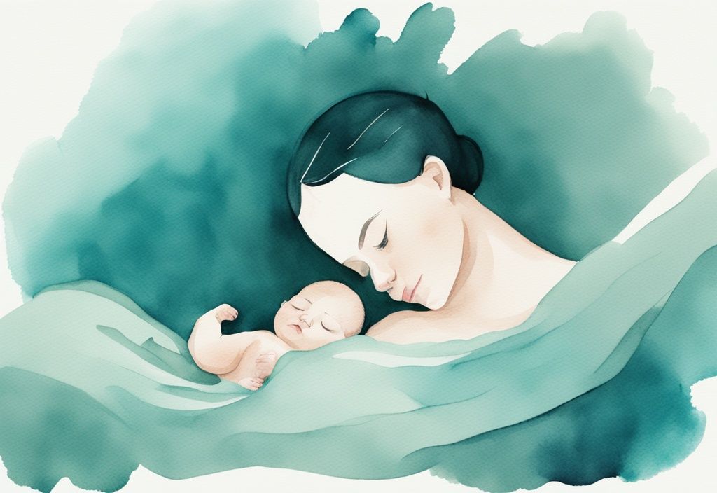 Modern watercolor illustration of a tired baby soothed to sleep by a gentle parent in a teal-themed calming environment.