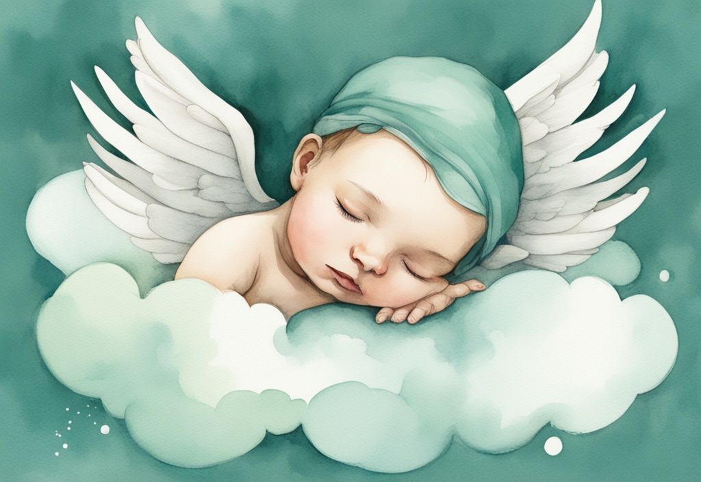 Modern watercolor illustration of a newborn baby with angelic wings sleeping on a teal-themed cloud.