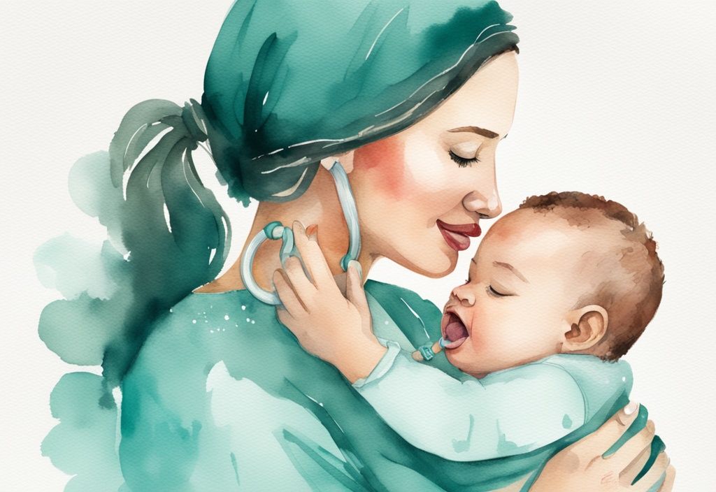 Modern watercolor illustration of a mother cradling her baby with a teal color theme, using a teething ring to soothe post-tongue tie surgery discomfort.