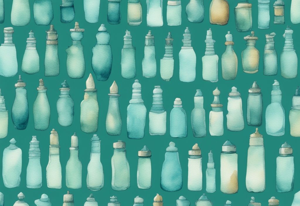 Modern watercolor illustration of teal baby bottles showing wear and tear stages with recommended replacement timelines.