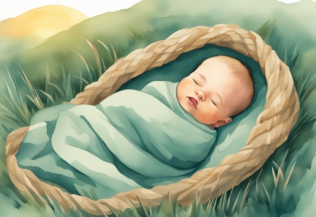 Modern watercolor illustration of a baby sleeping in a teal-themed blanket on a grassy field at sunrise.