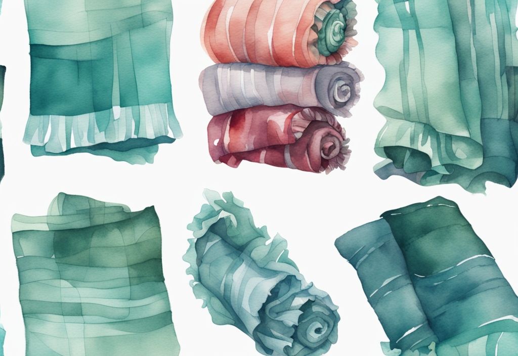 Modern watercolor illustration of teal-themed disheveled baby blankets stack with quantity scale.