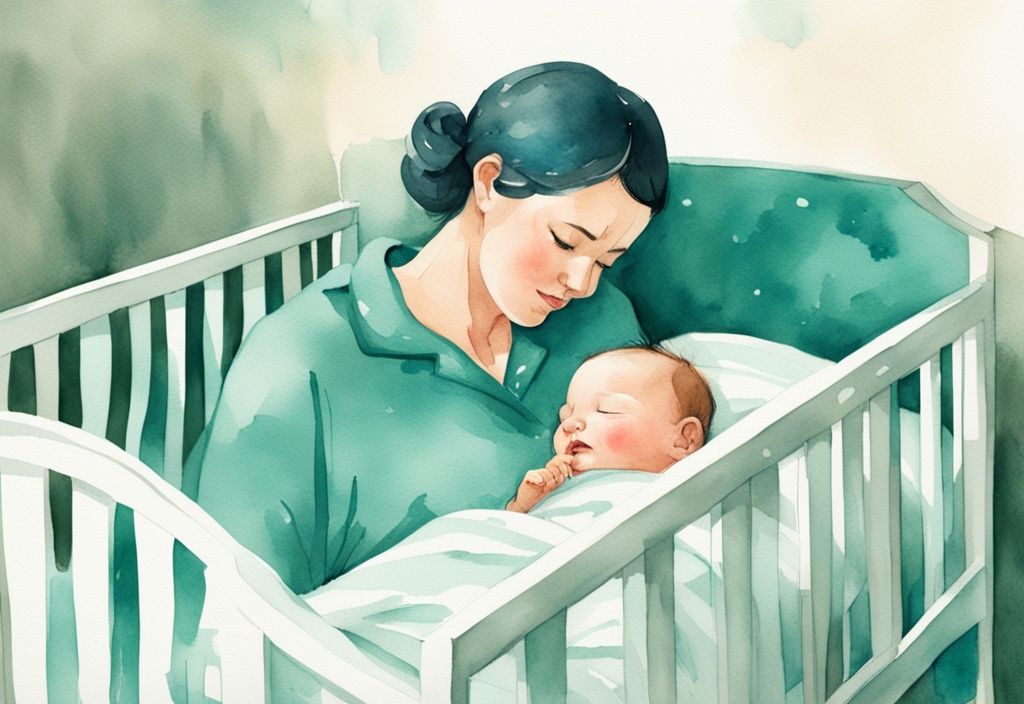 Modern watercolor illustration of a sleepy baby wakes up when put down in crib, with teal theme and mother gently placing baby in cozy PJs.