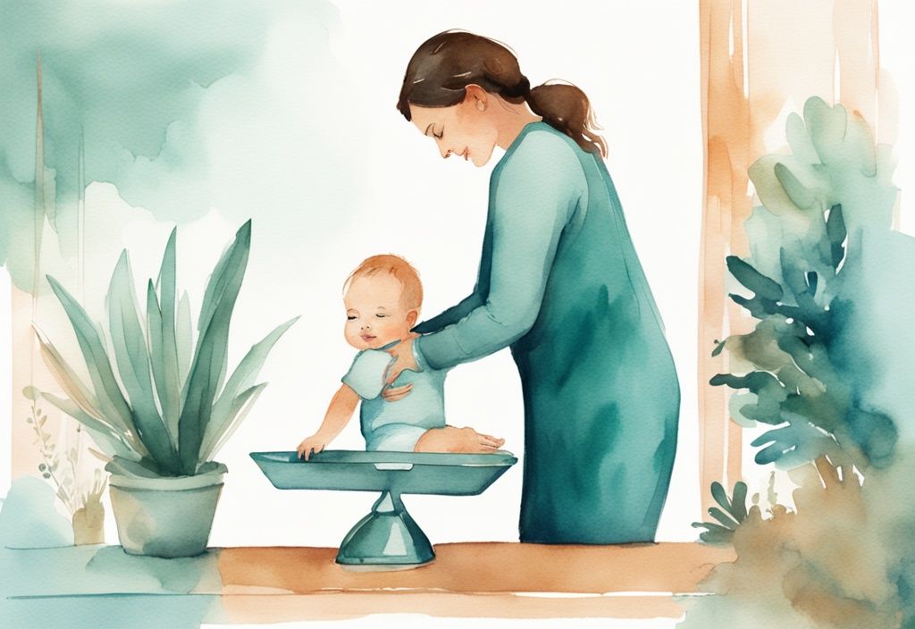 Modern watercolor illustration of a parent placing baby on home baby scale, teal color theme, step-by-step guide included.