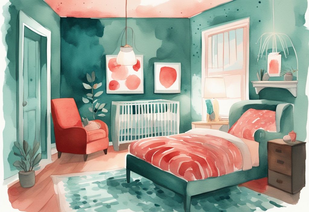 Modern watercolor illustration of a concerned parent turning off a red night light in a baby's room, highlighting when to stop using red light for baby, with soothing teal colors and gentle patterns.