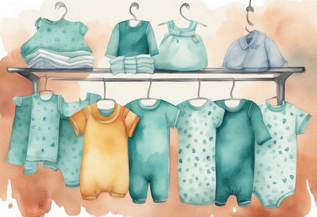 Modern watercolor illustration of teal-themed baby clothes on a drying rack with adult hands hanging garments.