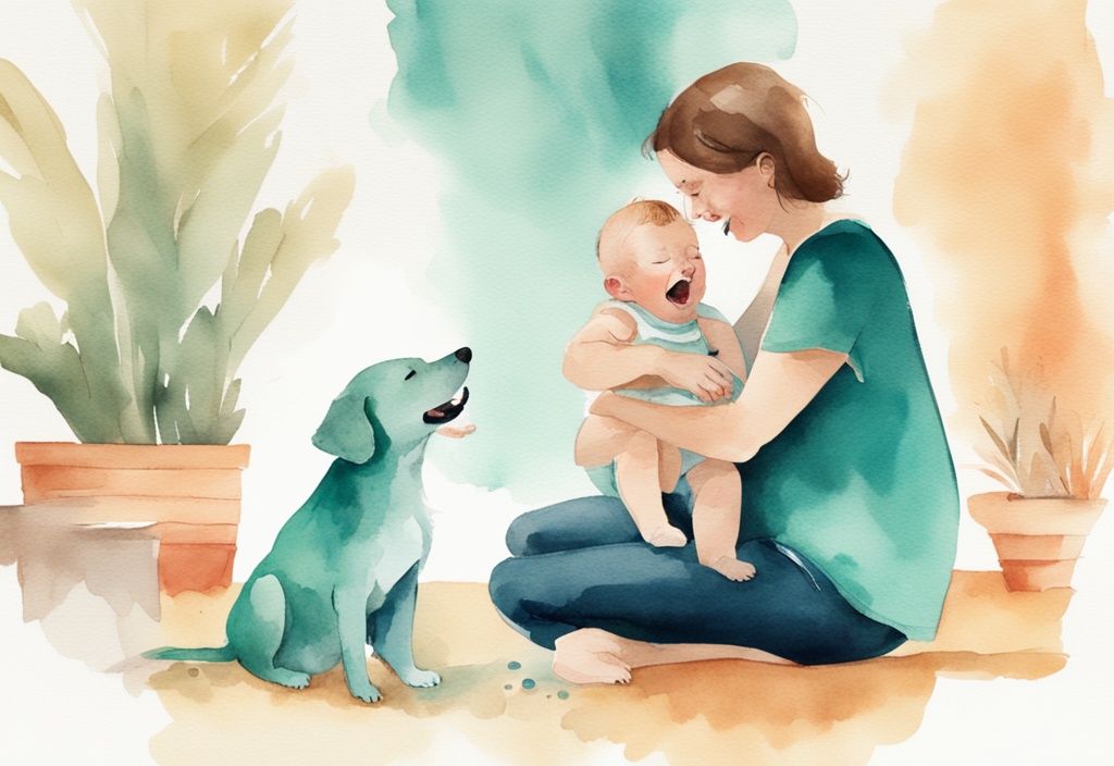 Modern watercolor illustration of a worried parent watching their pet dog lick the face of a laughing baby, teal color theme