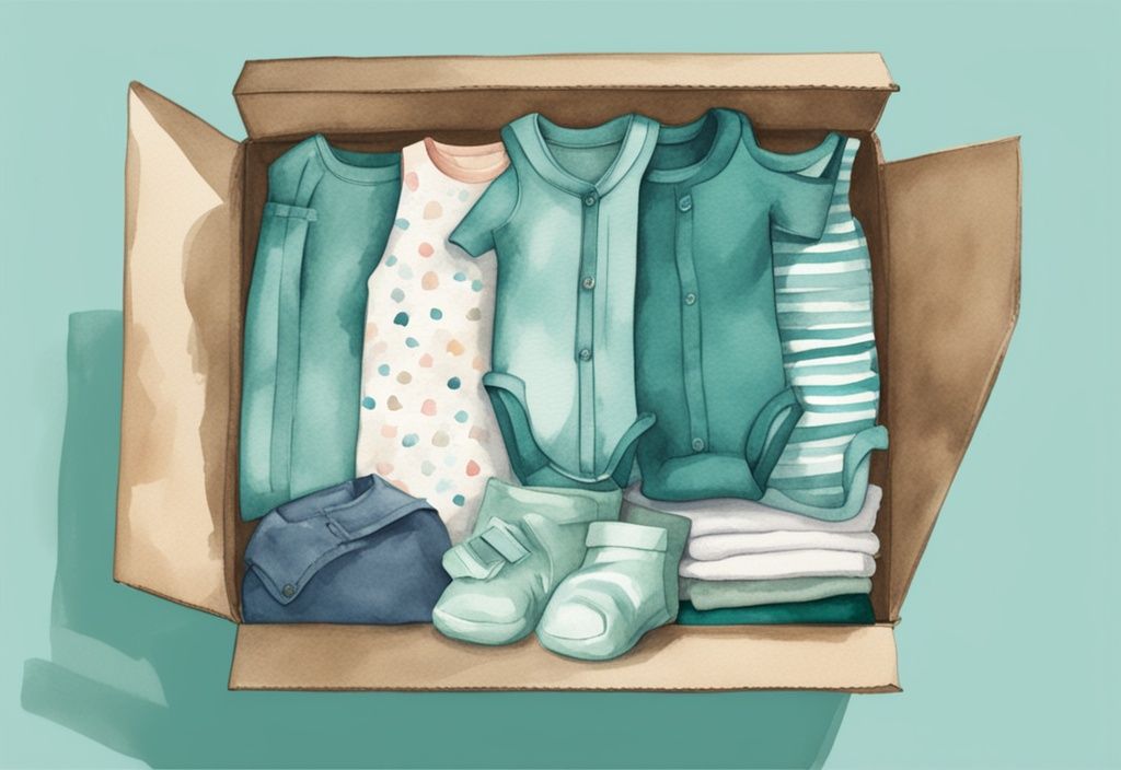 Modern watercolor illustration of teal-themed baby clothes in a cardboard box, highlighting where can I donate baby clothes for mothers in need.