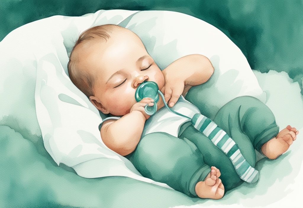 Modern watercolor illustration of a peaceful baby sleeping with a pacifier, teal color theme.