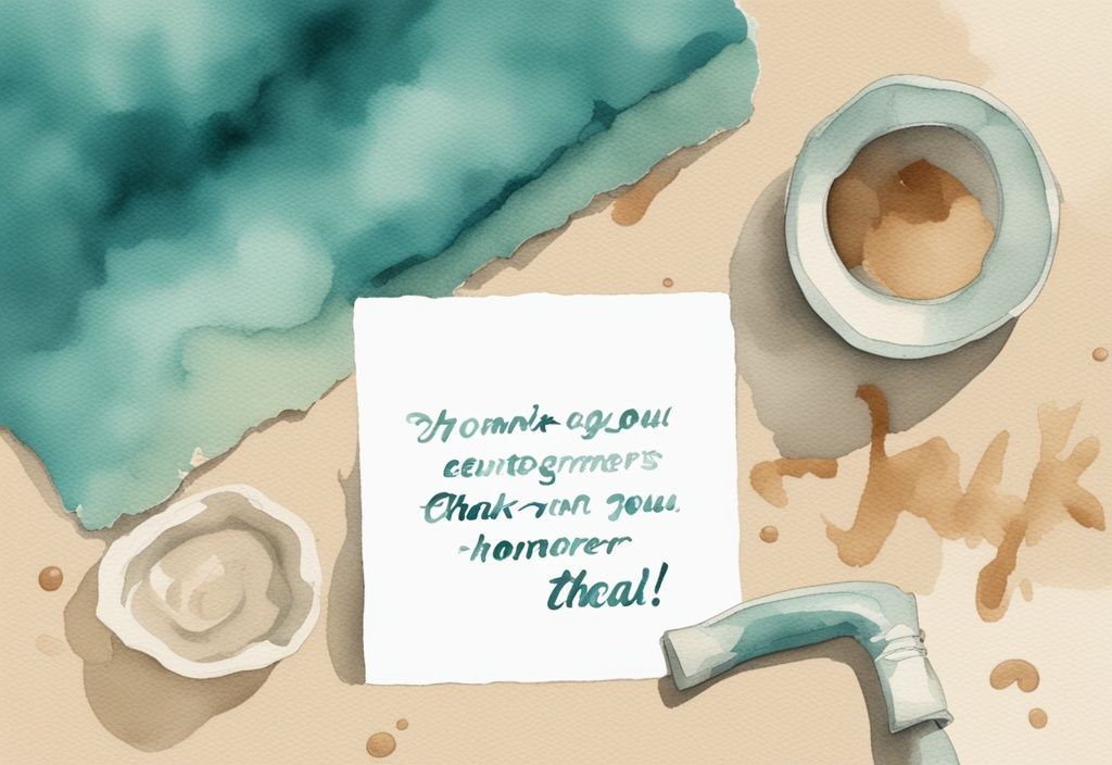 Modern watercolor illustration of a beige carpet with stain, homemade cleaning solution, cleaning cloth, and thank you card, teal color theme.