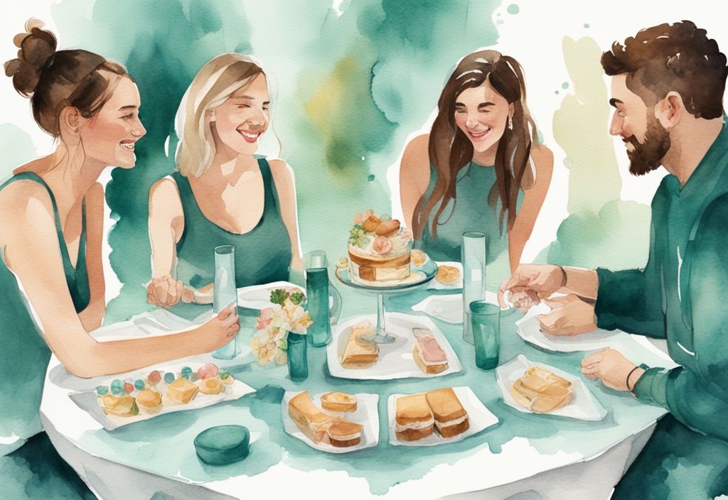 Modern watercolor illustration of friends splitting the bill at a teal-themed baby shower event.