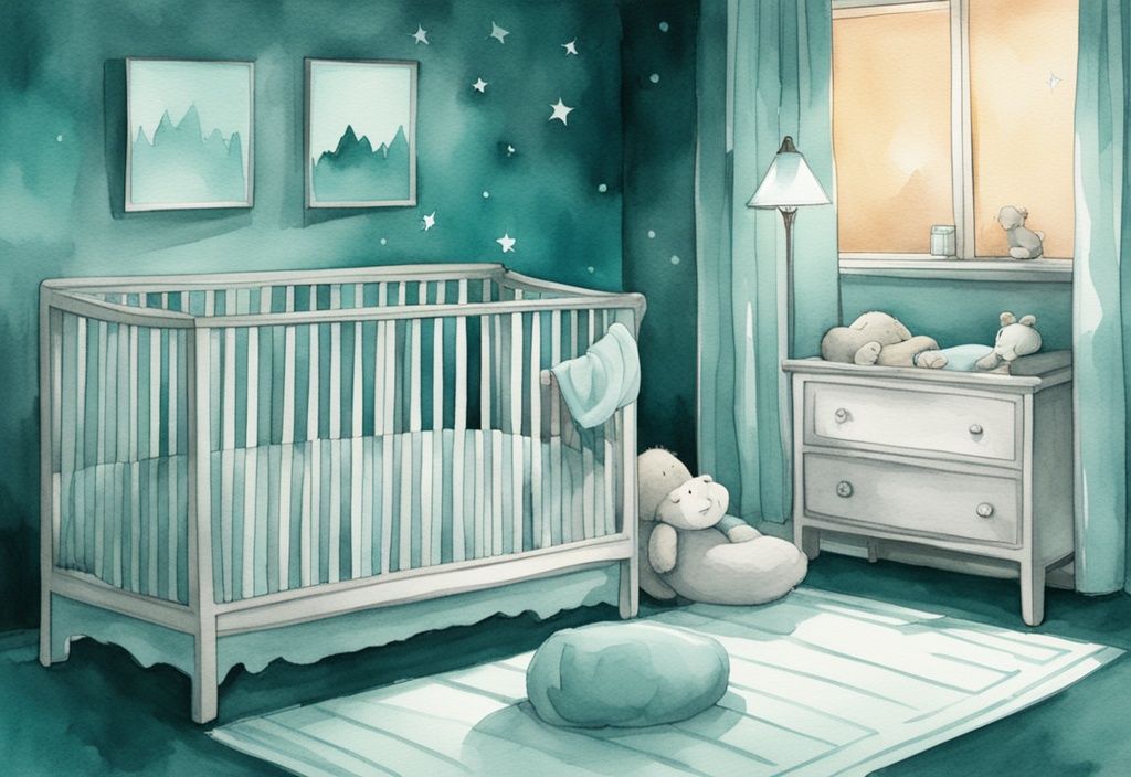 Modern watercolor illustration of a serene teal-themed nighttime nursery scene with a baby sleeping in a crib and a parent nearby for a diaper change.