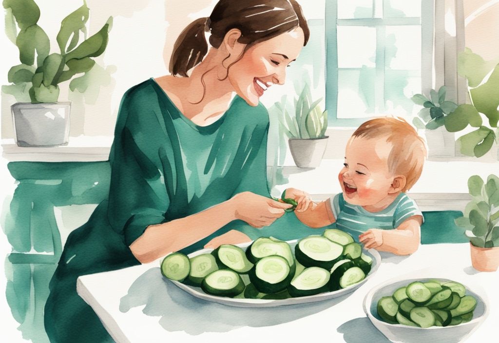 Modern watercolor illustration of a mom at a table showing how to serve cucumber to baby by giving her smiling baby a taste of a peeled, sliced cucumber, with a teal color theme.