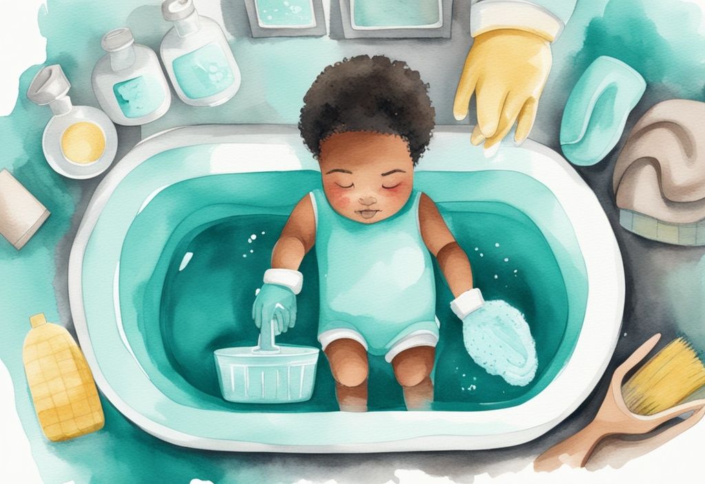 Modern watercolor illustration of hands in gloves cleaning a baby bathtub with eco-friendly cleaner and sponge, featuring a teal color theme.