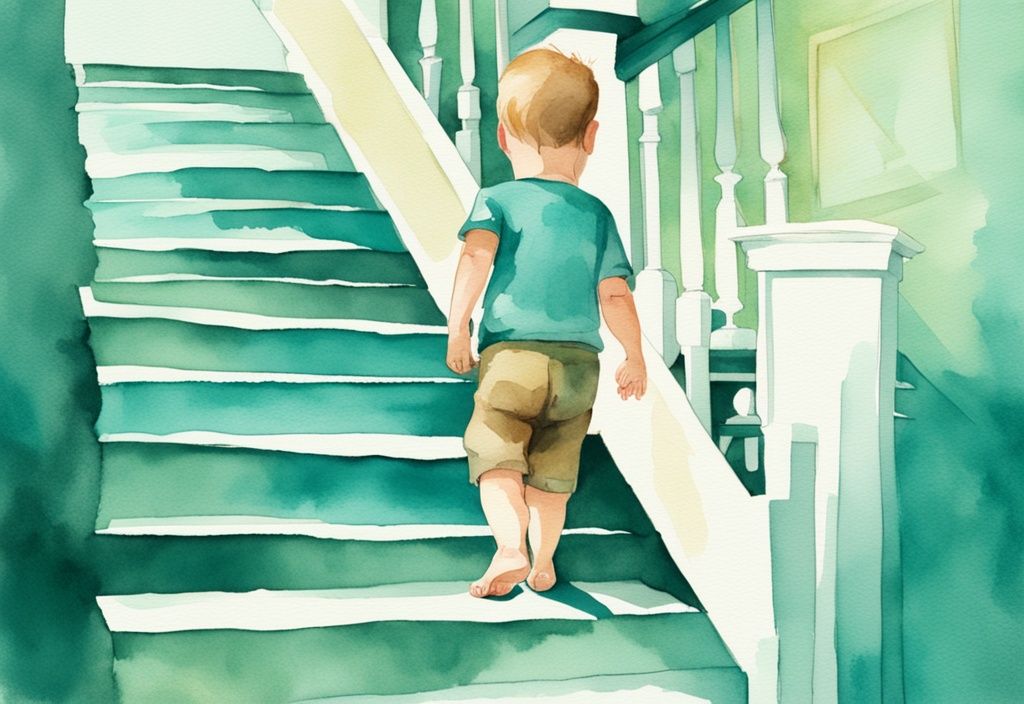 Modern watercolor illustration of a curious baby climbing stairs under smiling parents' watchful eyes, teal color theme.