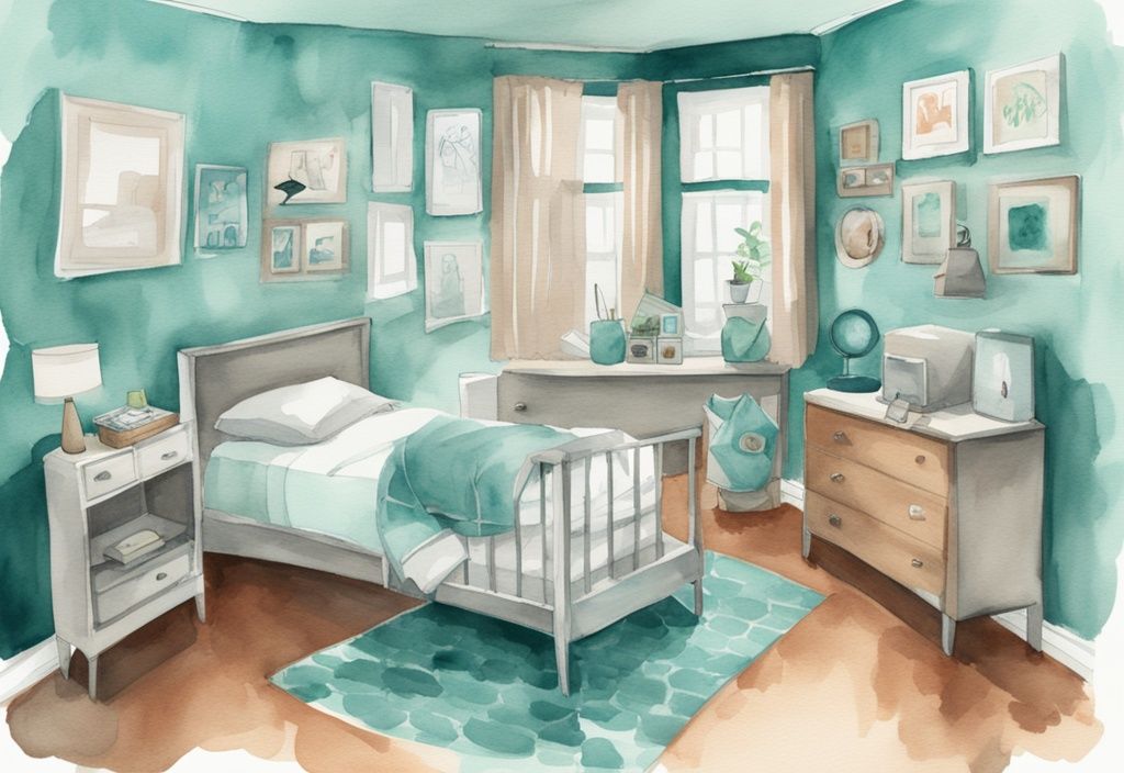 Modern watercolor illustration of a house interior highlighting optimal baby monitor placements in rooms, featuring a teal color theme.