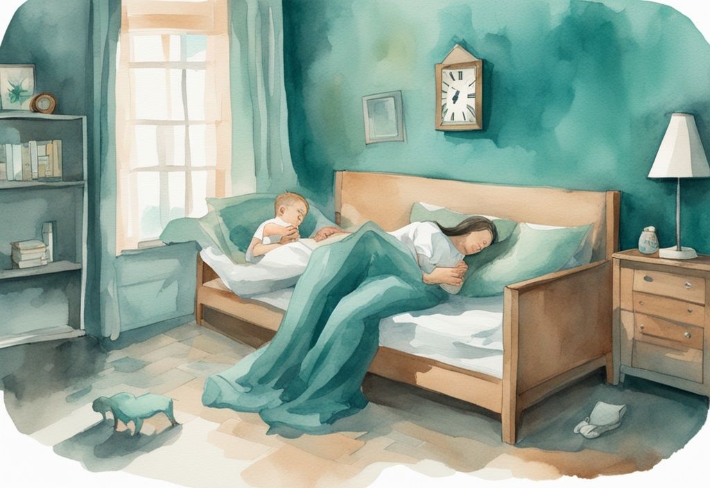 Modern watercolor illustration of a concerned parent watching a clock, with a restless baby taking a brief nap in the background, highlighting the issue of "why is my baby suddenly taking short naps" in a teal color theme.