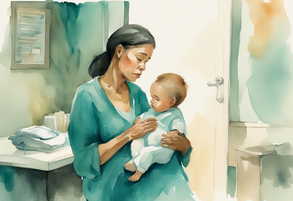 Modern watercolor illustration of a concerned mother with stiff baby consulting pediatrician, teal color theme.