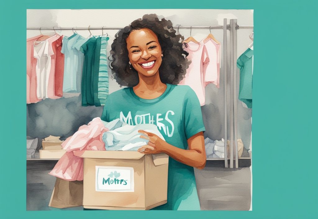 Modern watercolor illustration of a smiling woman with teal accents, holding a box of baby clothes near a donation bin labeled "For Mothers in Need".