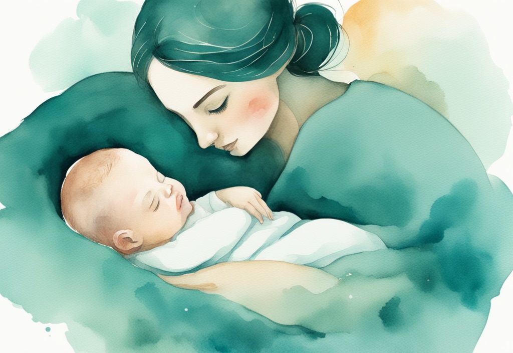 Modern watercolor illustration of a peaceful baby sleeping in a loving parent's embrace, teal color theme.