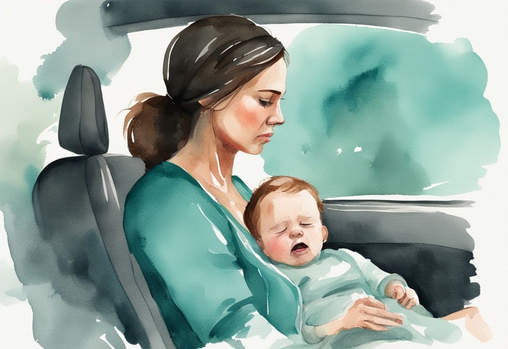 Modern watercolor illustration of a stressed mother looking at her crying baby in a car seat, addressing the question: why does my baby hate the car seat.