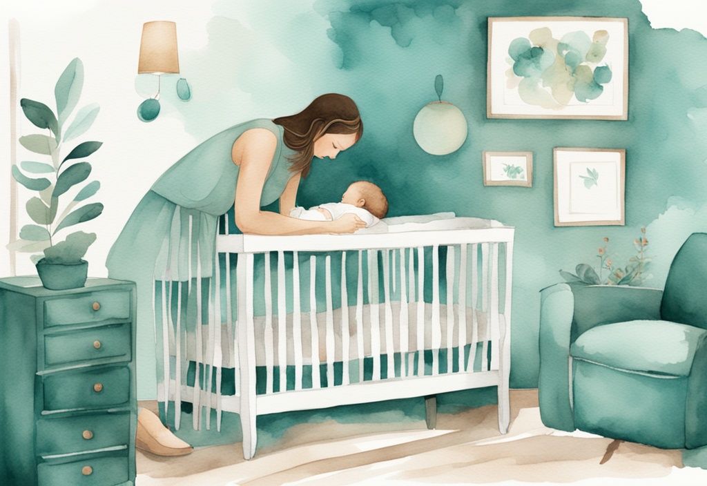 Modern watercolor illustration of a mother placing her sleeping baby in a decorated crib in a teal-themed cozy nursery room.